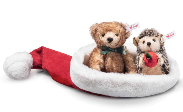 ADVANCE ORDER - Hedgehog & Bear Set in Santa Hat by Steiff - 14cm